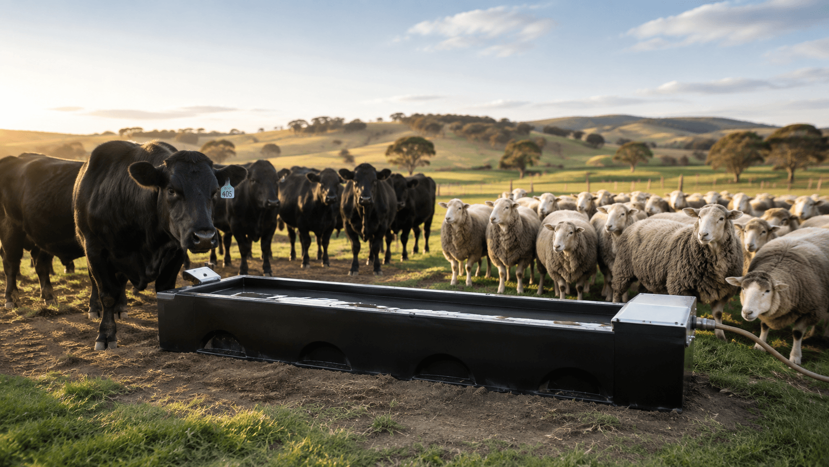 Wise Saturn livestock water trough with cattle and sheep on an Australian farm